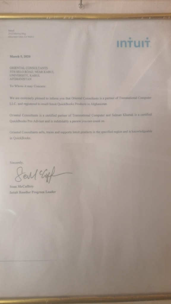 Official Intuit QuickBooks Partner Letter & Certified QuickBooks ProAdvisor Accreditation in Afghanistan - Sayed Ullabrar Oriental Consultants Kabul